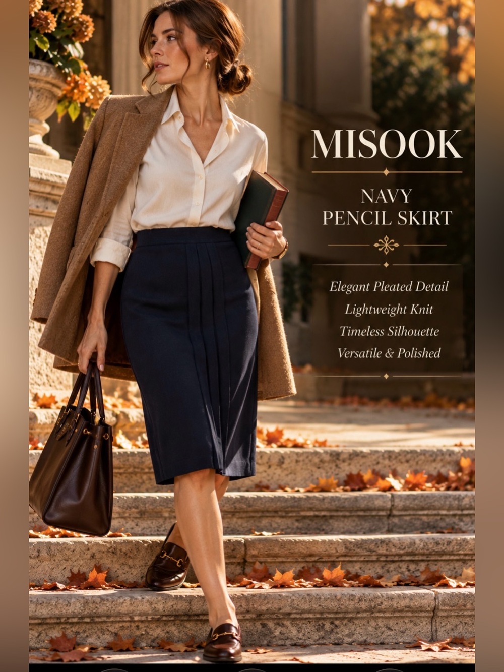 Misook - Navy - knit Pencil Skirt - pleated details- M